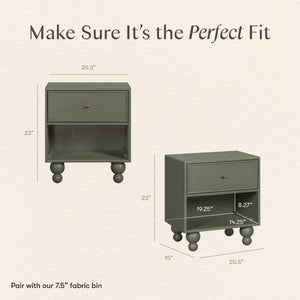 Astre nightstand dimensions showing 23 inches high, 20.5 inches wide, and 15 inches deep with a 7.5 inch fabric bin recommendation