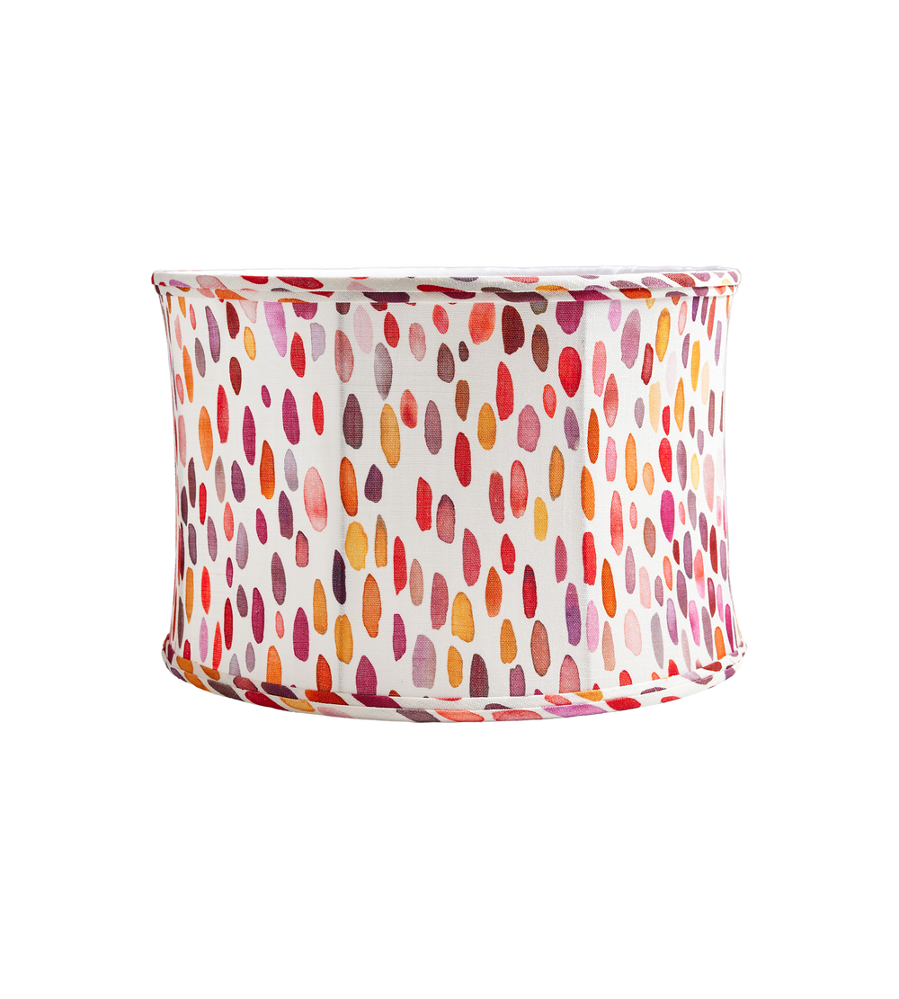 Front view of Jamboree Drum Shade showcasing multicolored painterly dot brush-stroke pattern on white background