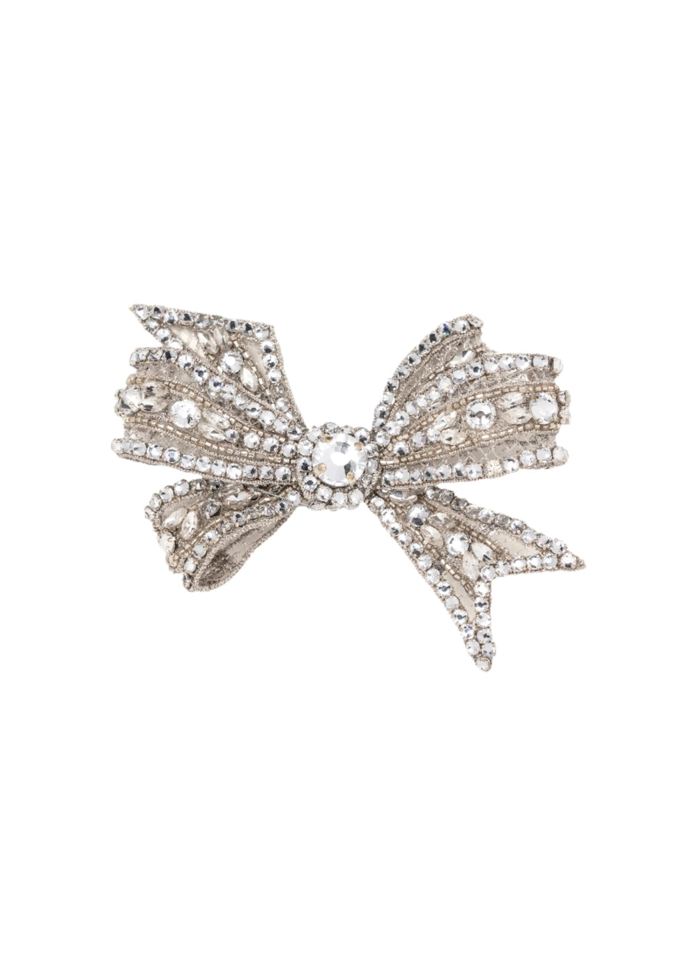 Front view of Gracelyn Brooch in crystal showcasing bow shape and crystal pave detailing on white background