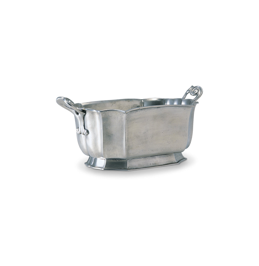 Front three-quarter view of Mushroom Bowl showcasing flared pewter bowl and scrolled handles with a white background