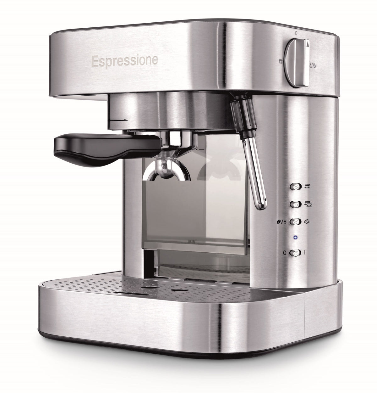 Front view of the Automatic Pump Espresso Machine with Thermo Block System, showing stainless steel housing and steam tube