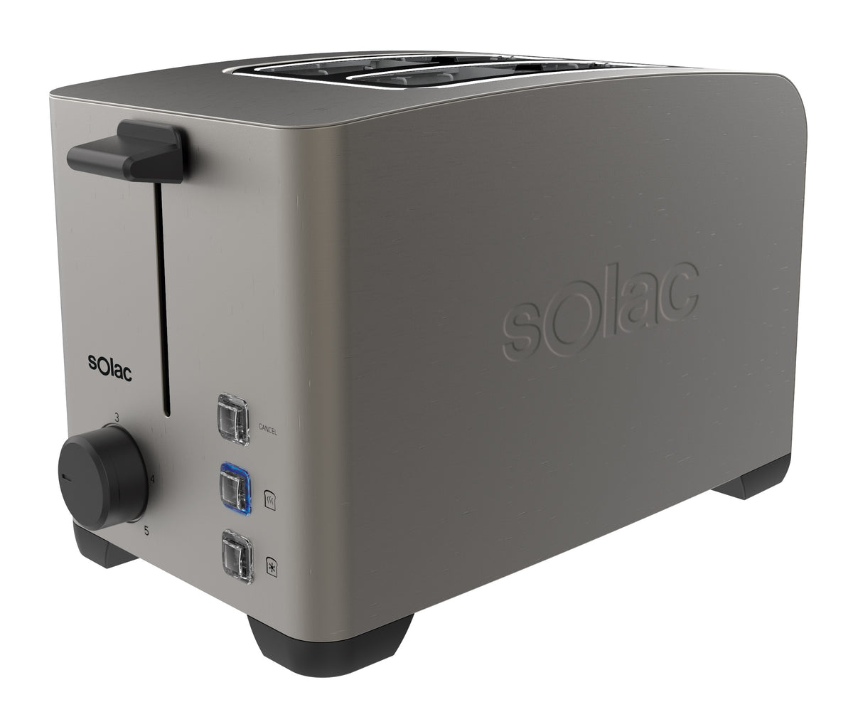 Three-quarter view of My Toast Ii Legend 2-Slice Toaster showcasing cobalt blue LED controls with a white background