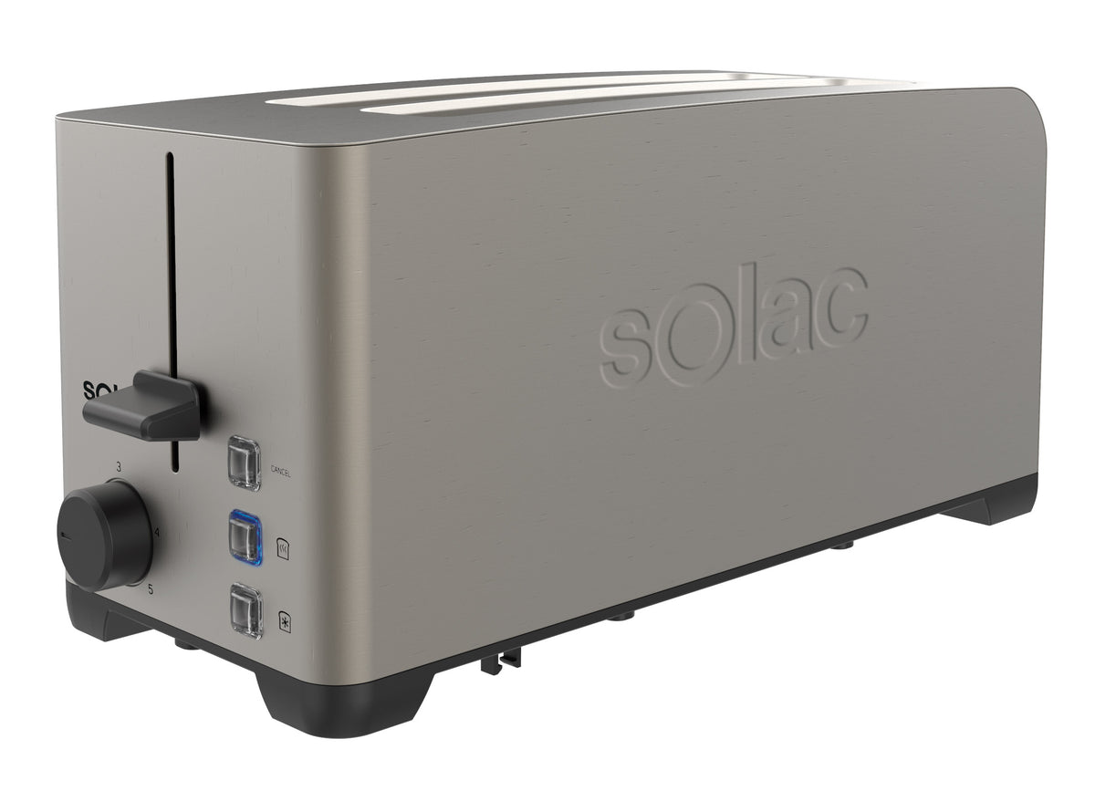 Three-quarter view of My Toast Duplo Legend 4-Slice Toaster with stainless steel finish and blue LED button