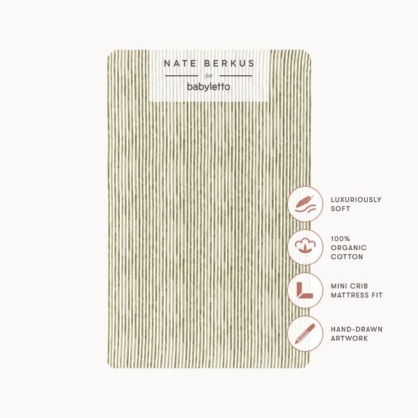 Front view of Juniper Stripe mini crib sheet packaging showcasing GOTS organic cotton badges on a white background