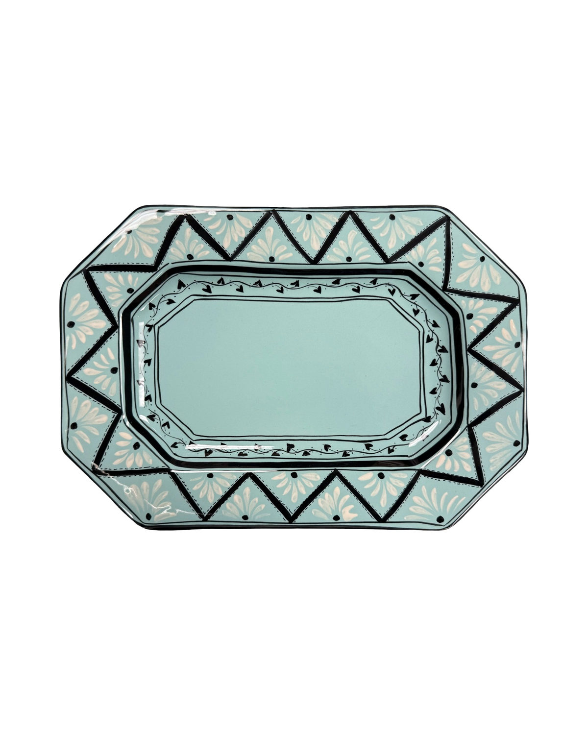 Top view of Gigi Aqua Octagonal Platter showcasing hand-painted geometric floral border and scalloped center on white background