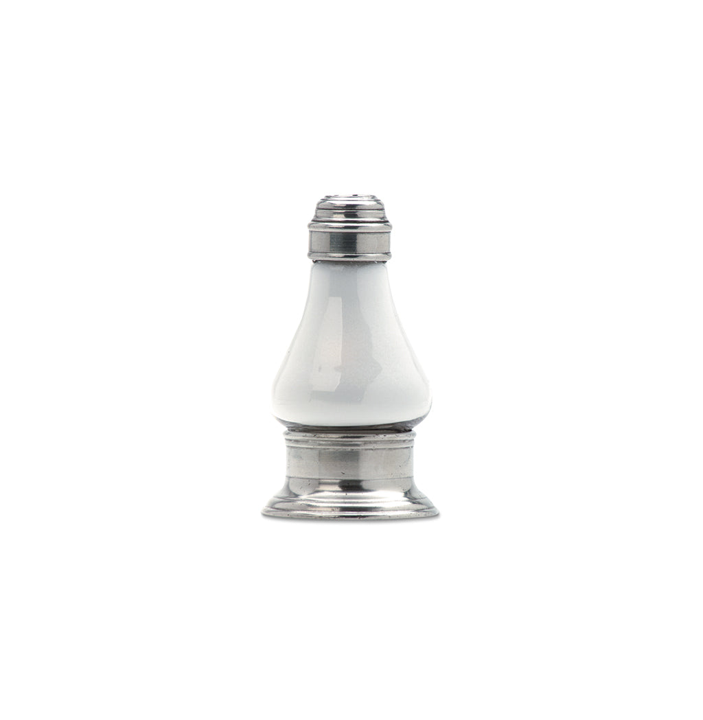 Front view of Siena Salt & Pepper Shaker Set showcasing its glass body, pewter top and base, and white background