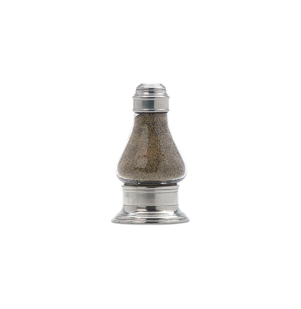 Front view of Siena Salt & Pepper Shaker Set showcasing a glass shaker with pewter base and removable top on a white background