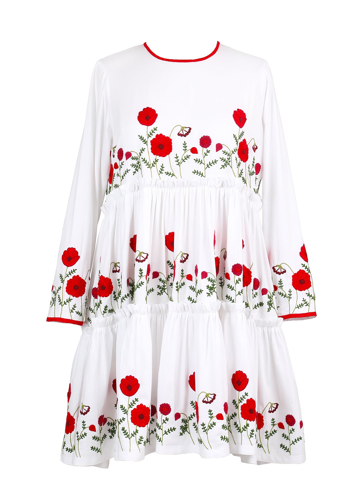 Front view of OTM Exclusive Lolita Short Dress showcasing red floral embroidery and red trim on white cotton fabric