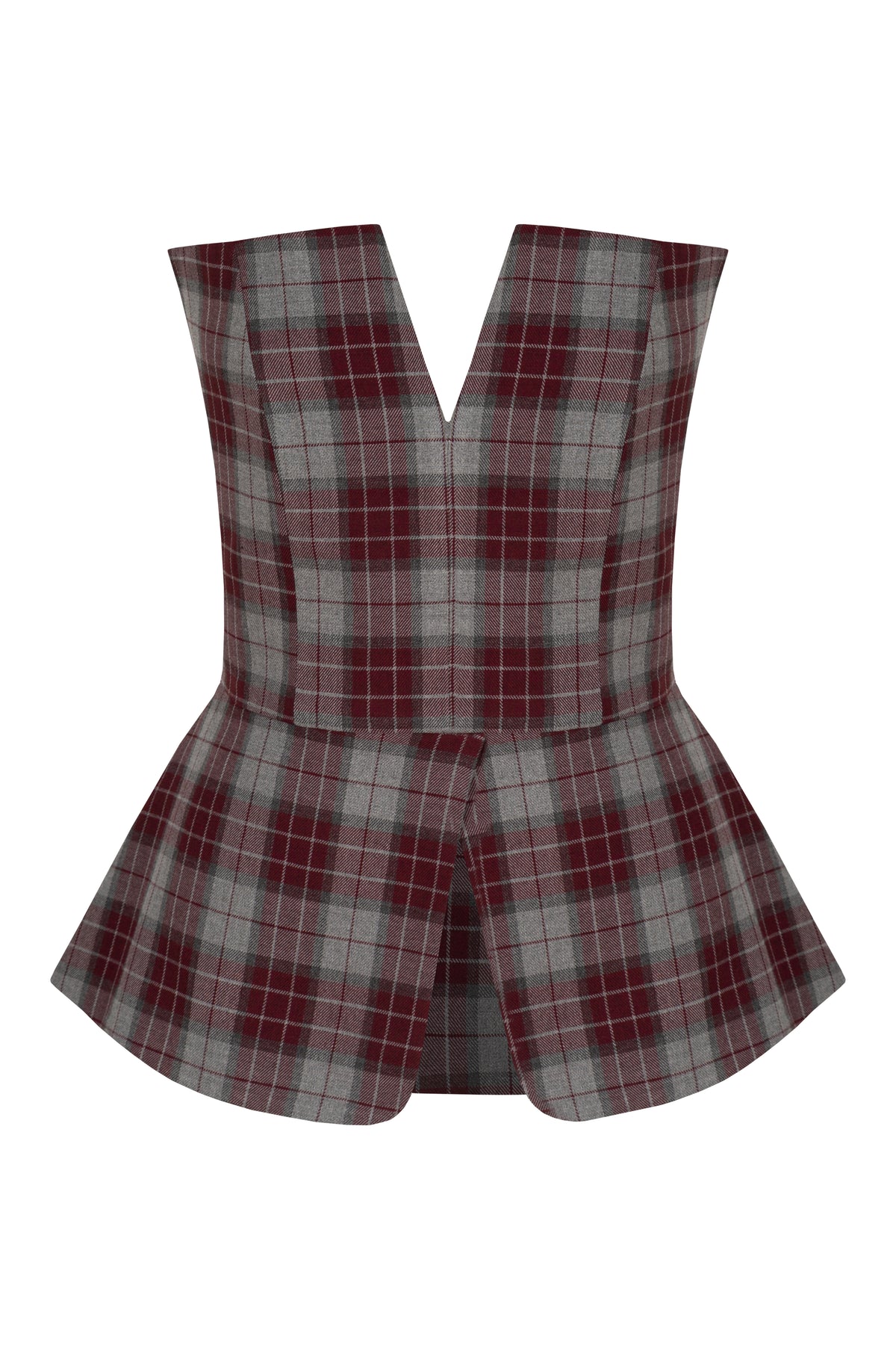 Front view of Aria Set in Beige and Burgundy showcasing tartan strapless bustier and pencil skirt on a white background