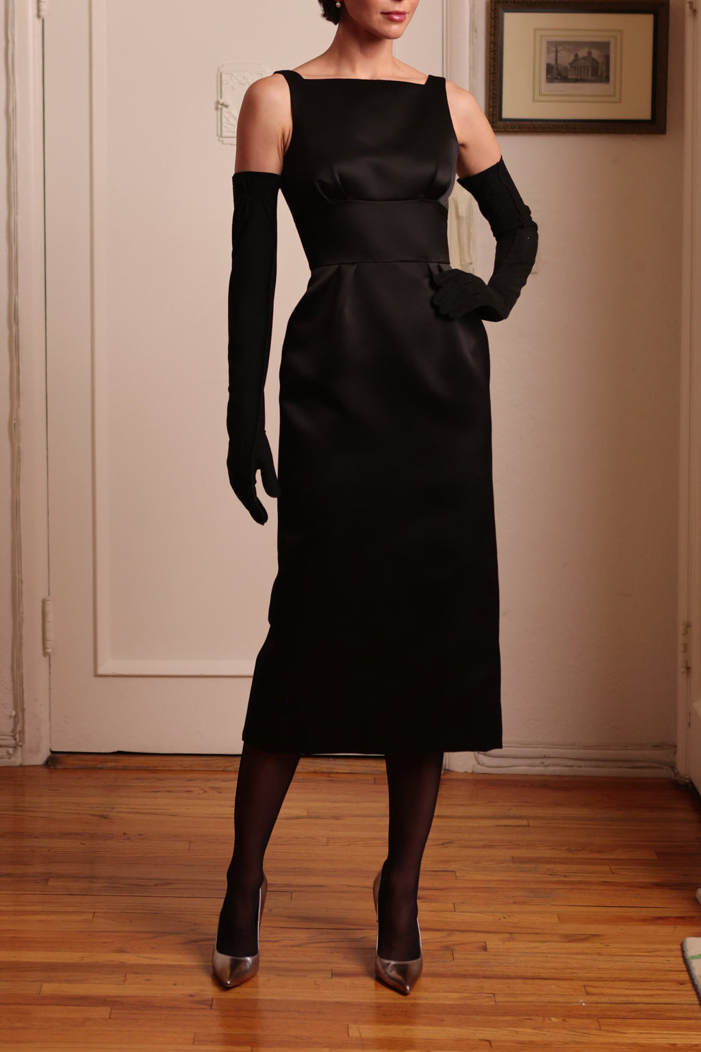Inset Slim Dress in Black Satin 10