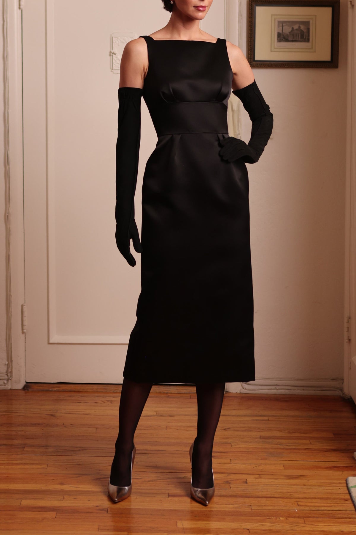 Double Satin Waist Inset Slim Dress in Black Satin