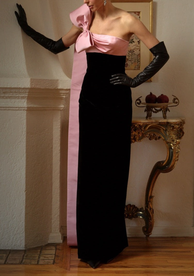 One Shoulder Bow Gown in Blush Peau De Soie and Black Velvet