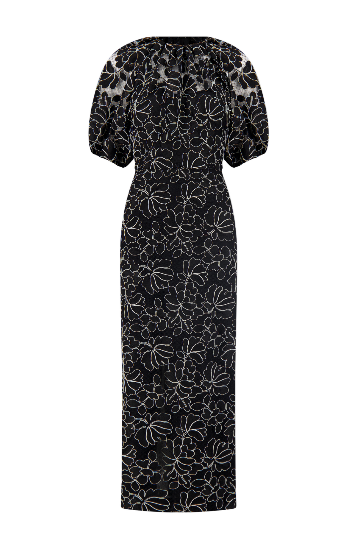Front view of Floral Lace Naomi Dress in Black & Ivory showcasing floral lace, gathered neckline, and lantern sleeves on white