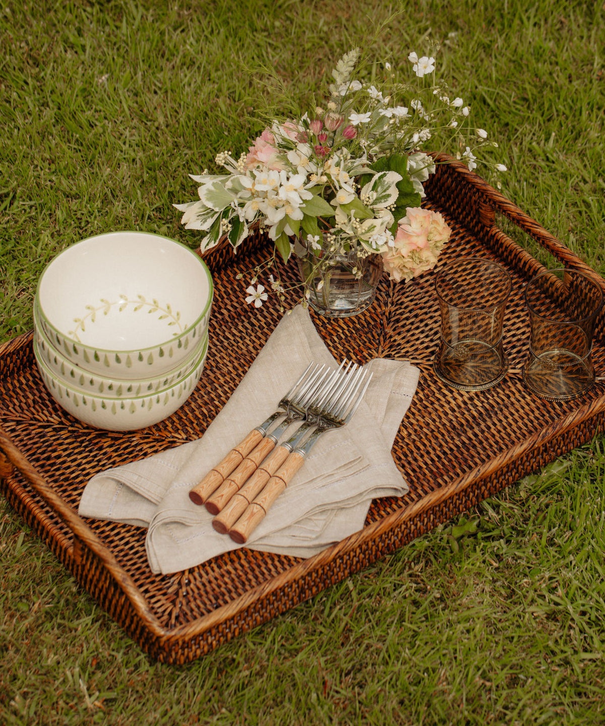 Rebecca Udall Classic Hemstitch Linen Napkin with Rattan Serving Tray