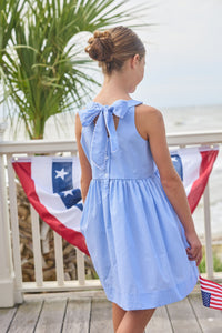 Little English traditional children's clothing.  Royal blue mini gingham sleeveless dress with white ricrac trim and bow tie in back for little girls