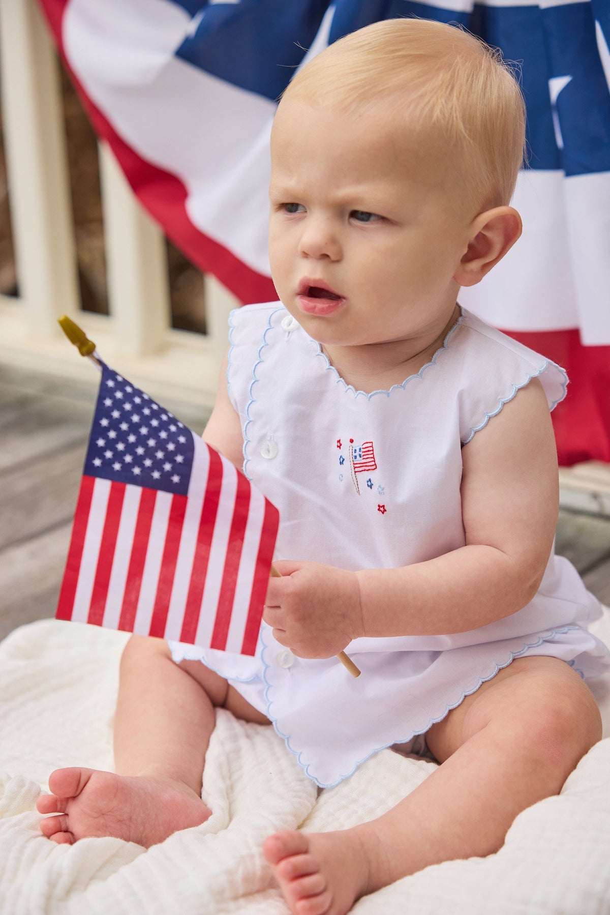 Little English classic Davis day set with flag motif on chest and buttons down front  right side, unisex set for baby 