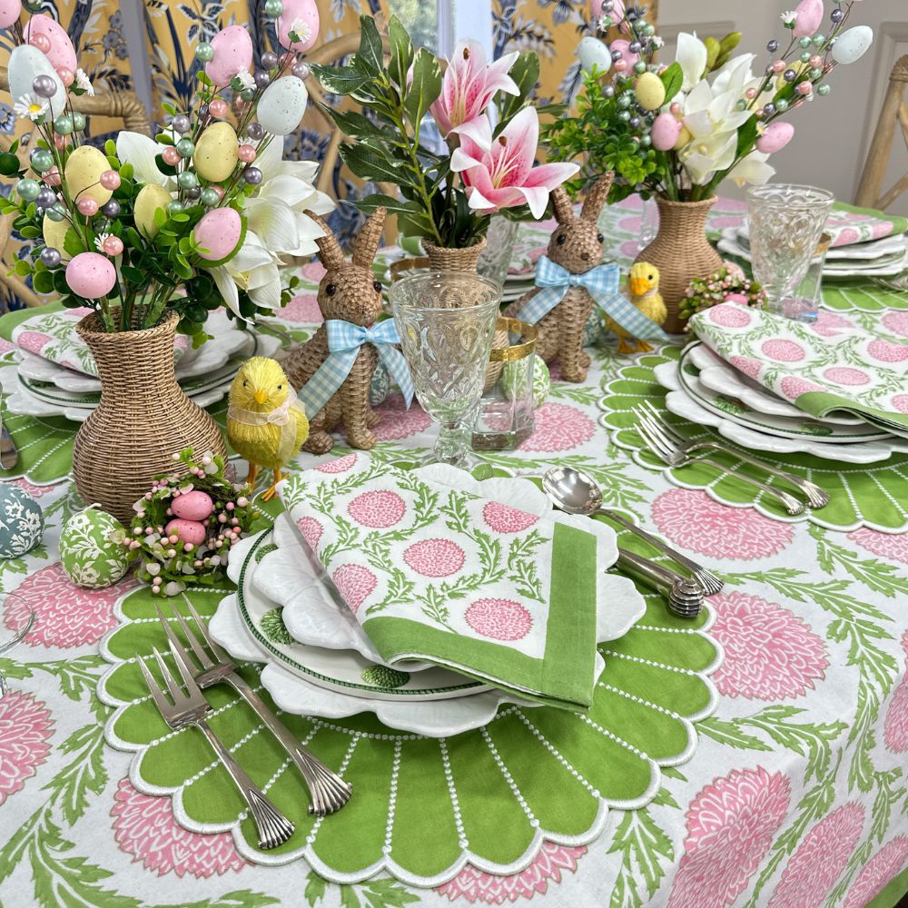 Easter tablescape, Easter placemat, green embroidered placemat