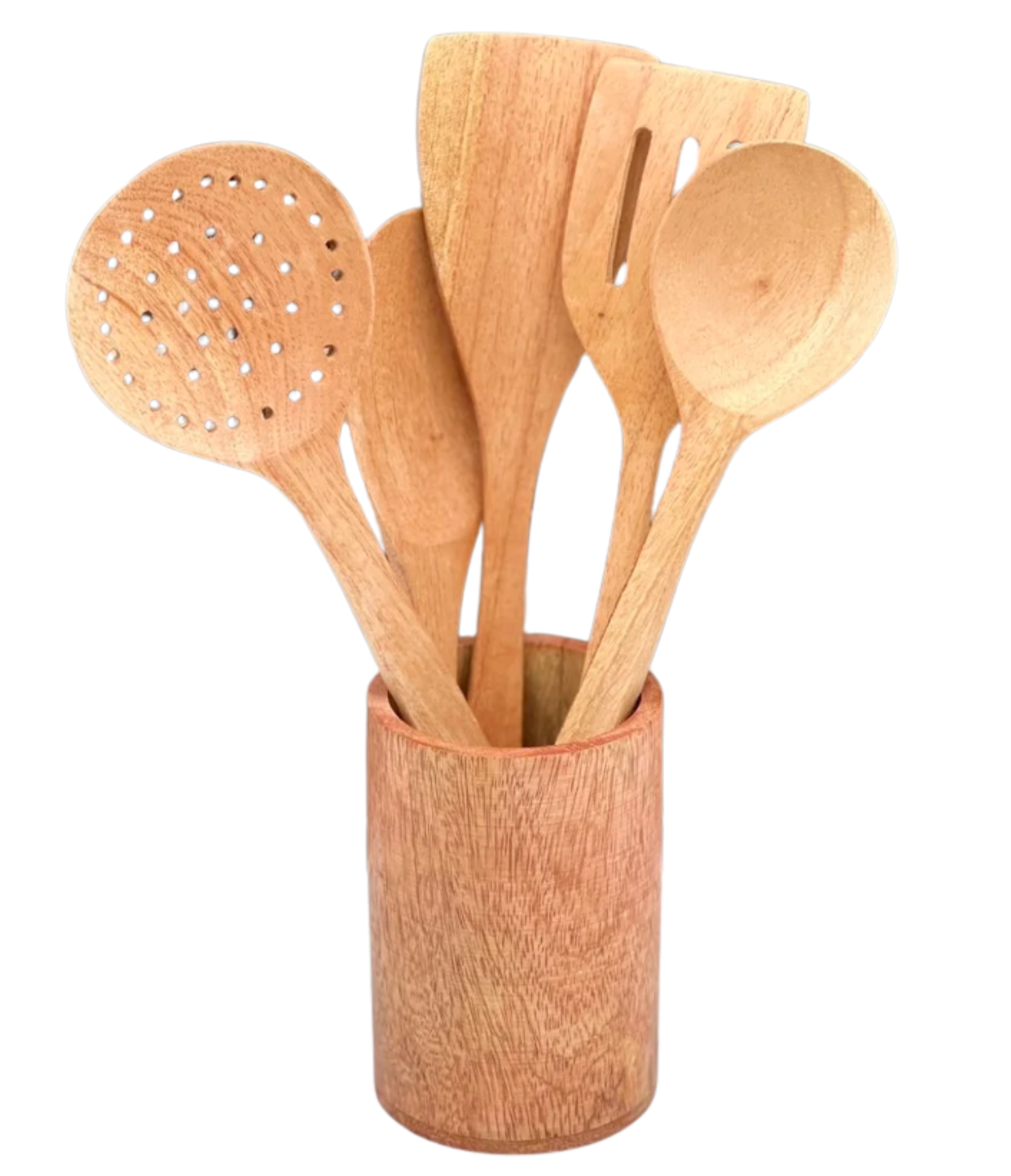 5 piece cooking set, mango wood kitchen utensils. Includes Wooden holder