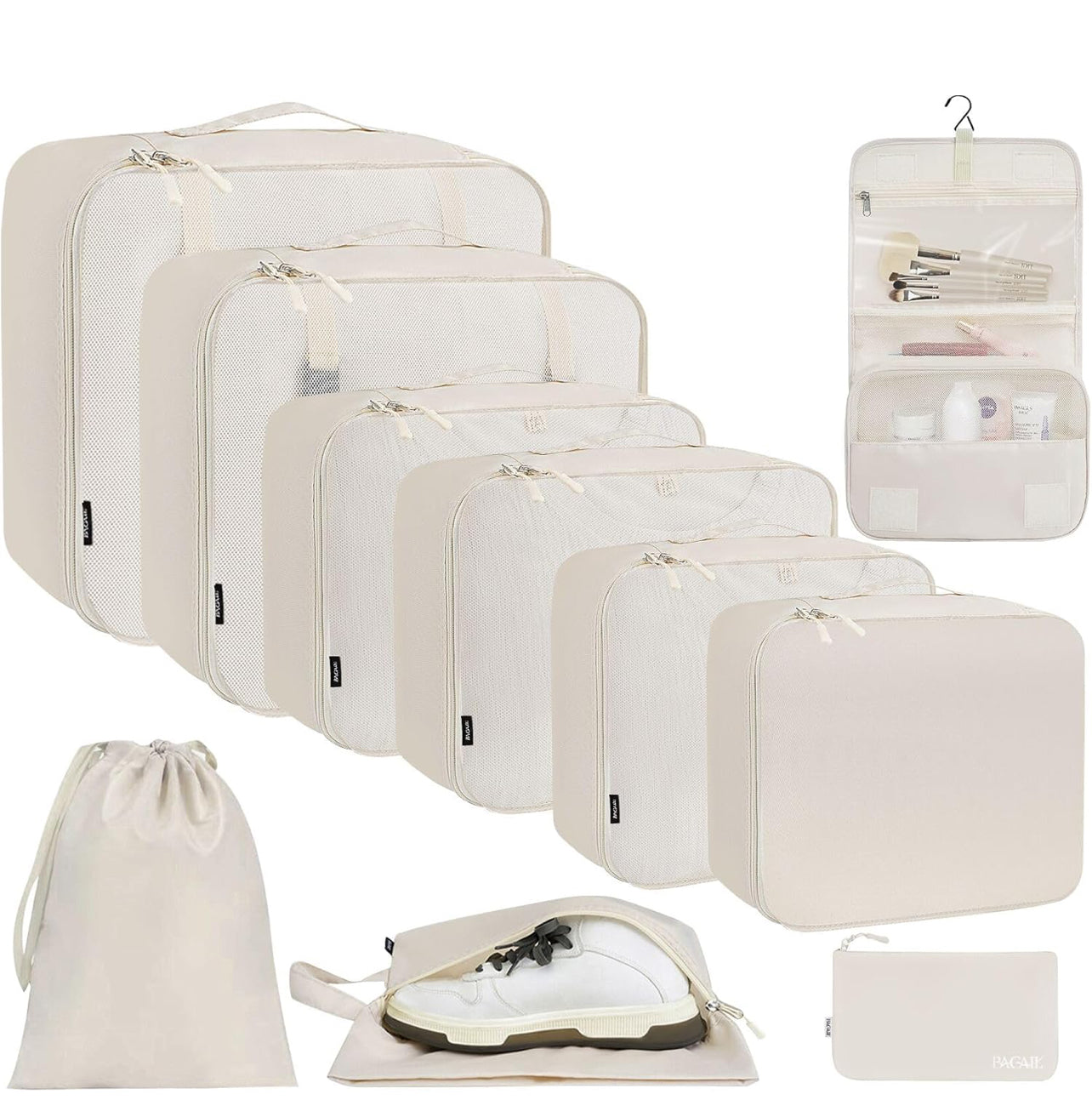 BAGAIL 10 Set Packing Cubes Carry On Suitcase - Cream