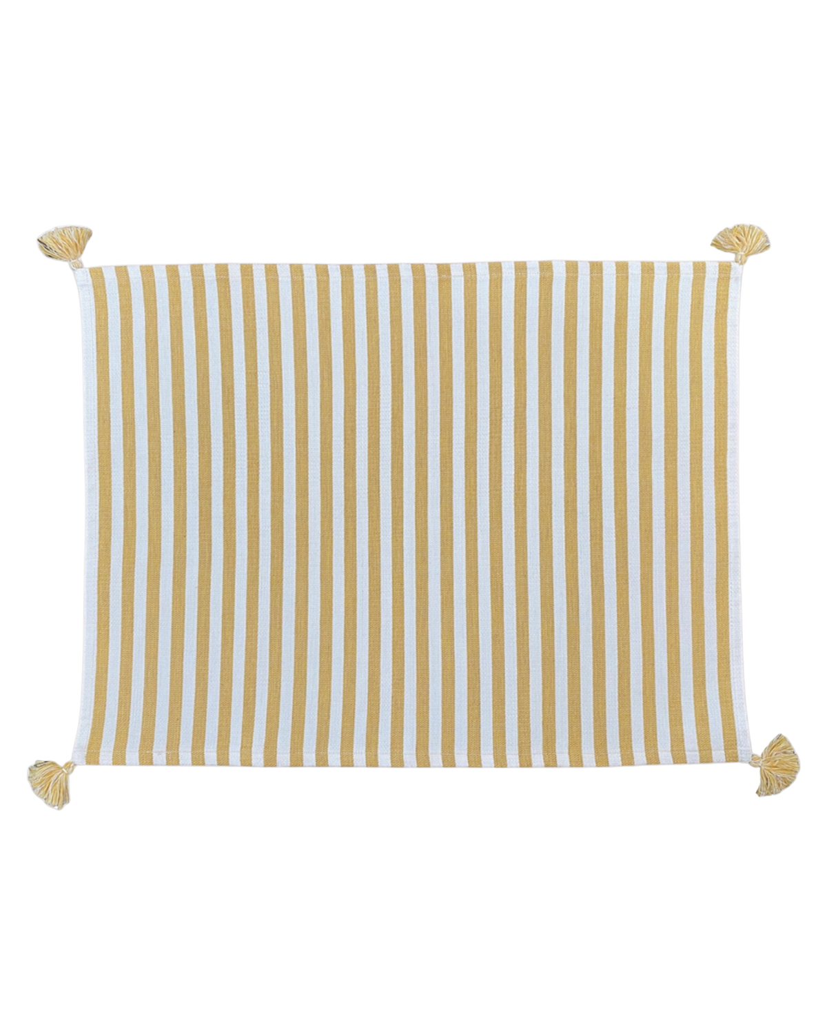 Front view of Vera Stripe Placemat in Yellow showcasing yellow and white vertical stripes with corner tassels on black
