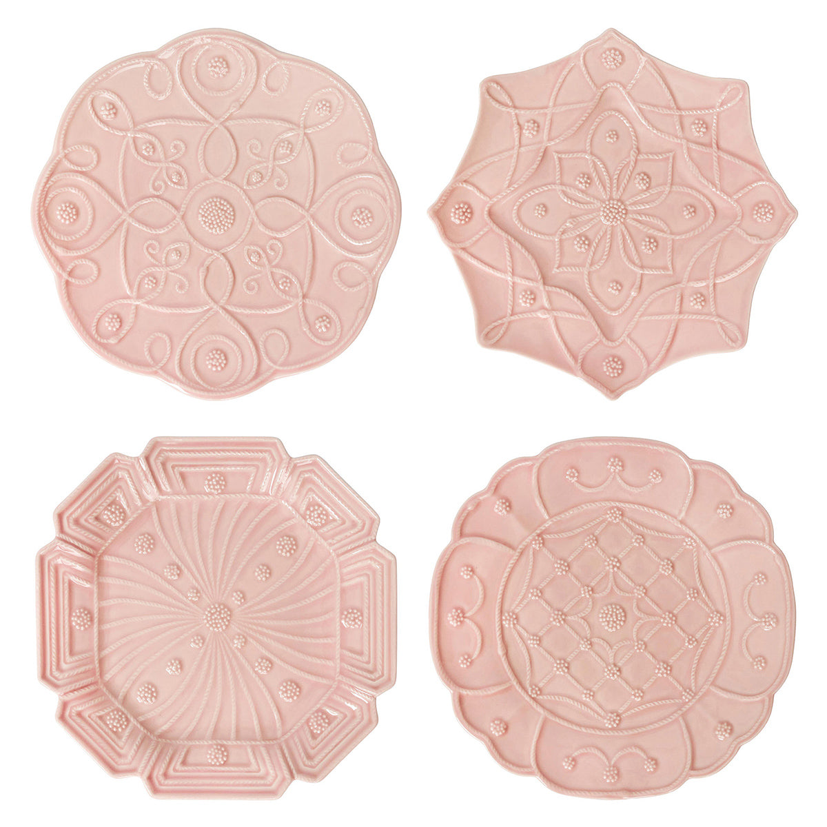 Top view of Jardins Du Monde assorted set of four blush dessert plates showcasing ornate raised patterns on a white background