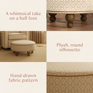 Product feature collage of a round ottoman: whimsical ball foot, plush silhouette, hand-drawn fabric pattern