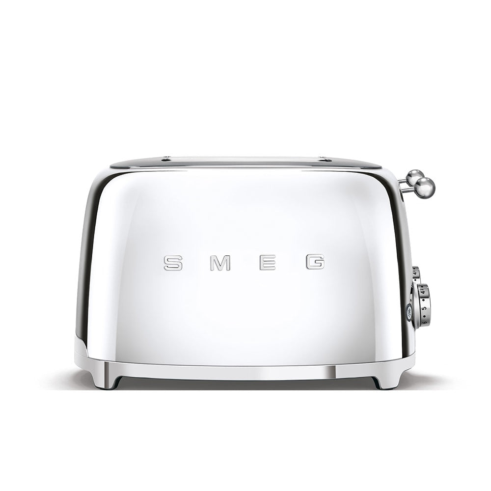 Front view of SMEG 4x4 toaster in chrome showing rounded retro body, logo, control knob and lever on white background
