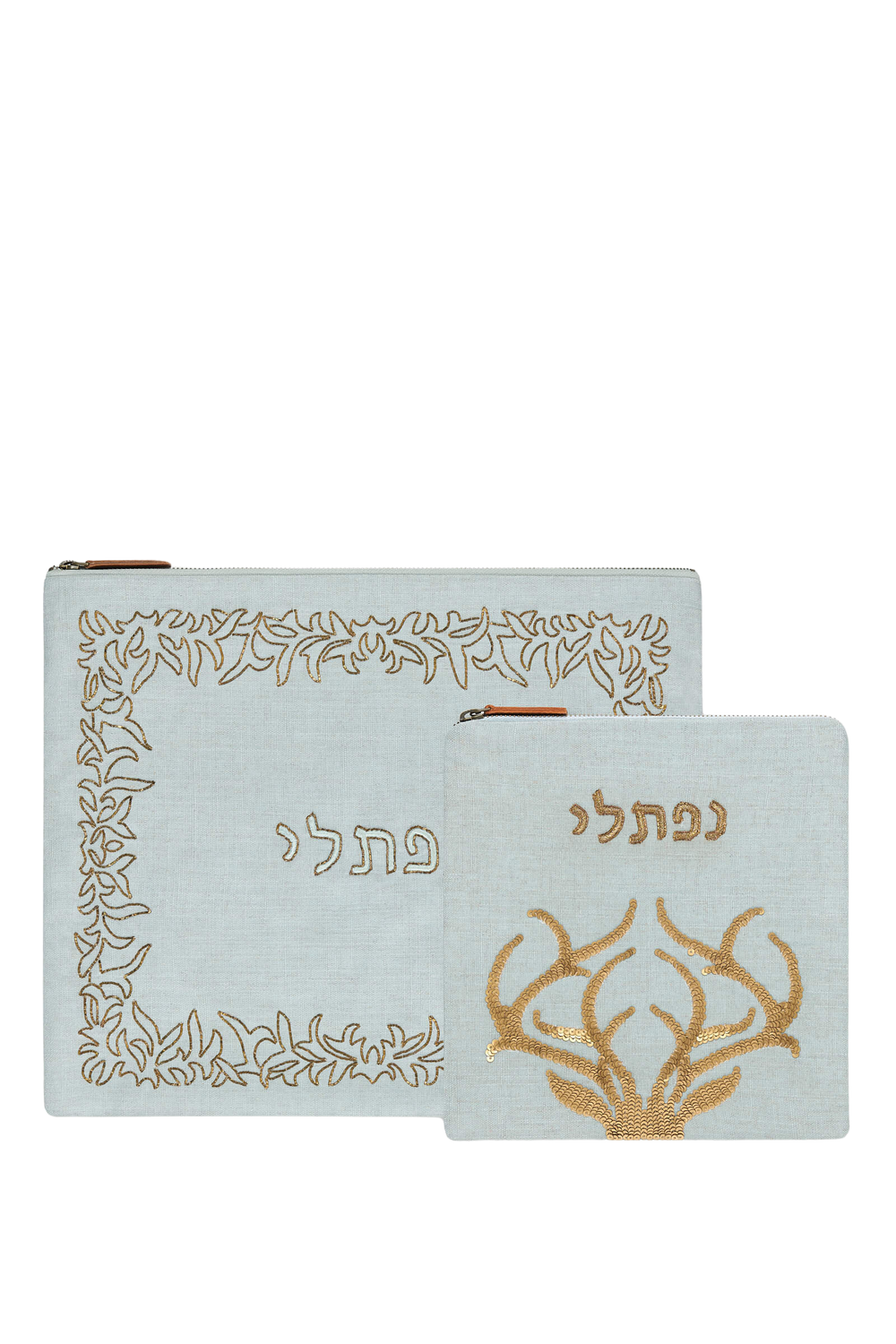 Front view of Naftali tallit and tefillin bag set showcasing sage linen with gold zardosi embroidery, Hebrew lettering, and leather zipper pulls