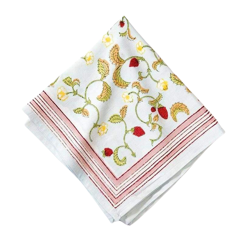 Top view of Fraises des Bois Napkins, Set of 6 showcasing strawberry floral pattern and pink striped border on black background
