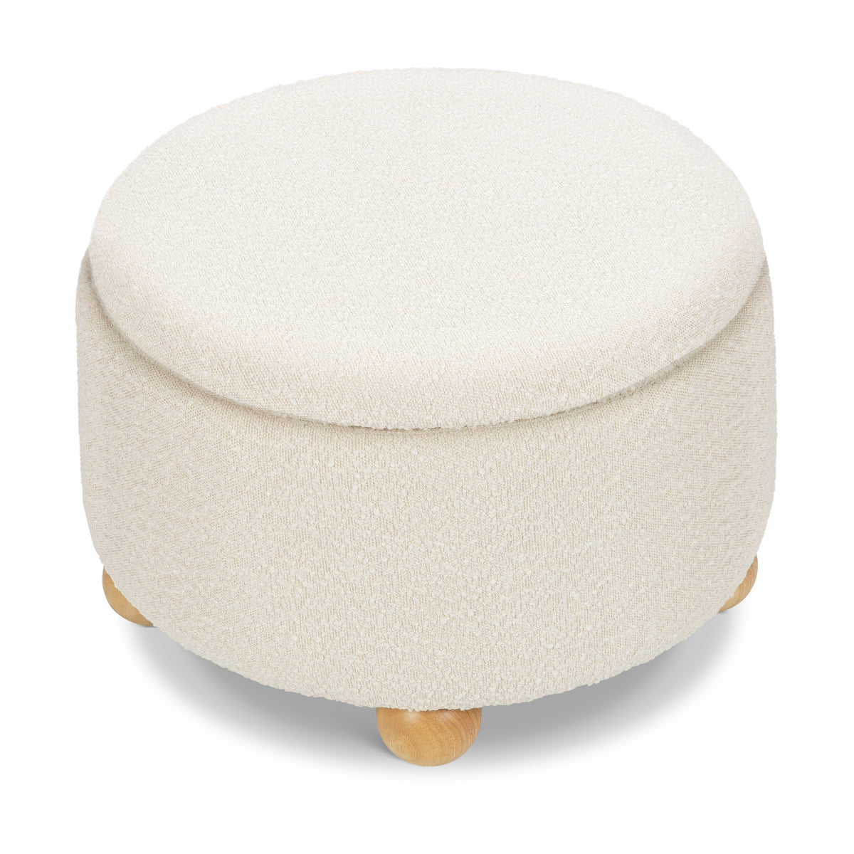 Tuffet Storage Ottoman in Performance Ivory Boucle with Honey Ball Feet