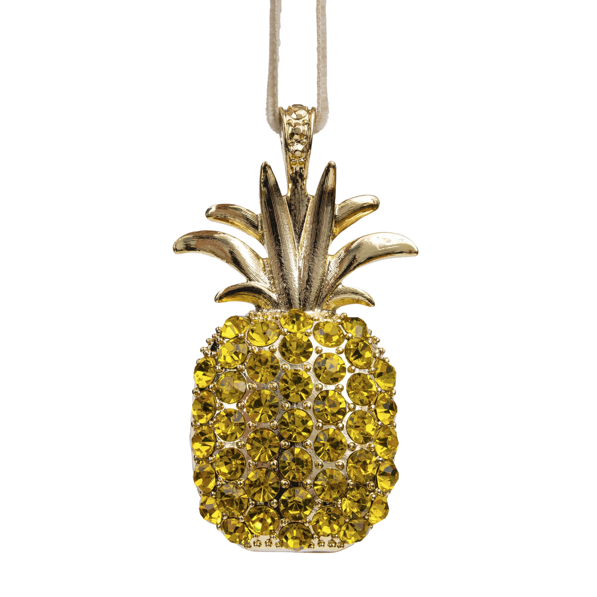 Front view of Pineapple Hanging Ornament in Yellow with faceted yellow glass stones, gold leaves, and velvet ribbon on black