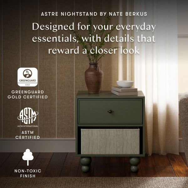 Astre Assembled Nightstand by Nate Berkus in Archival Elm with fluted front and ball feet, designed for everyday essentials