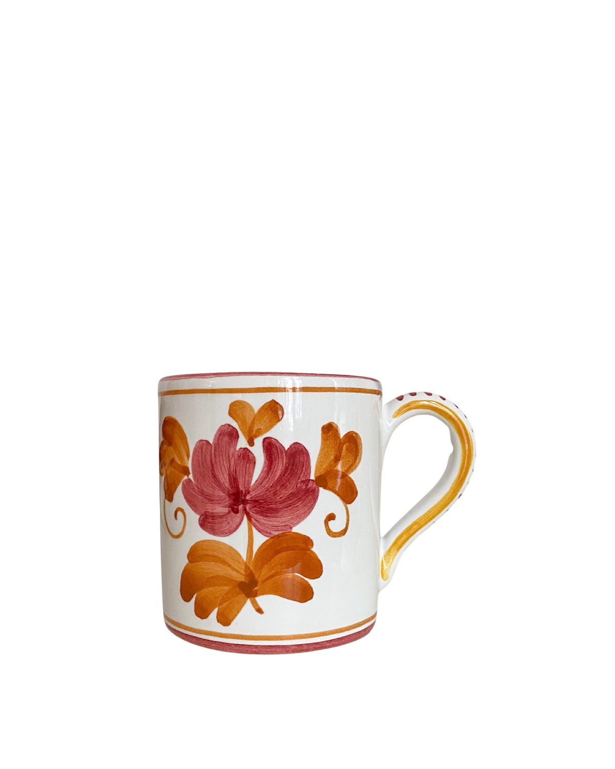 Front view of Blossom Mug in Yellow showcasing hand-painted floral motifs on white ceramic with black background