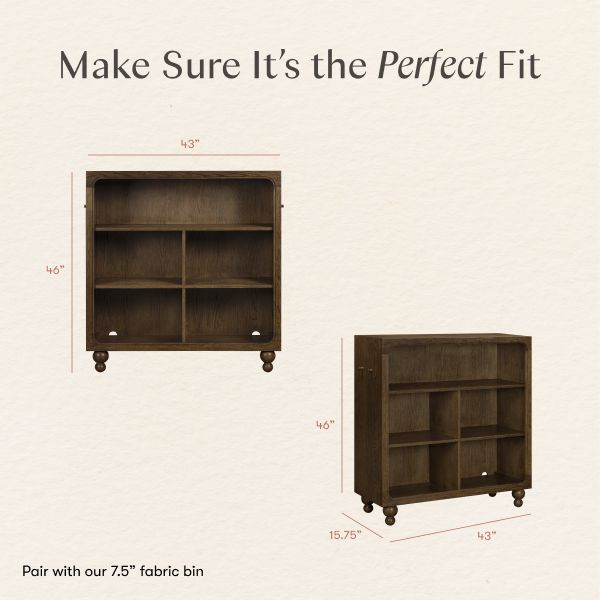 Astre assembled bookcase fit guide with Make Sure Its the Perfect Fit headline, dimensions, and 7.5 inch fabric bin pairing