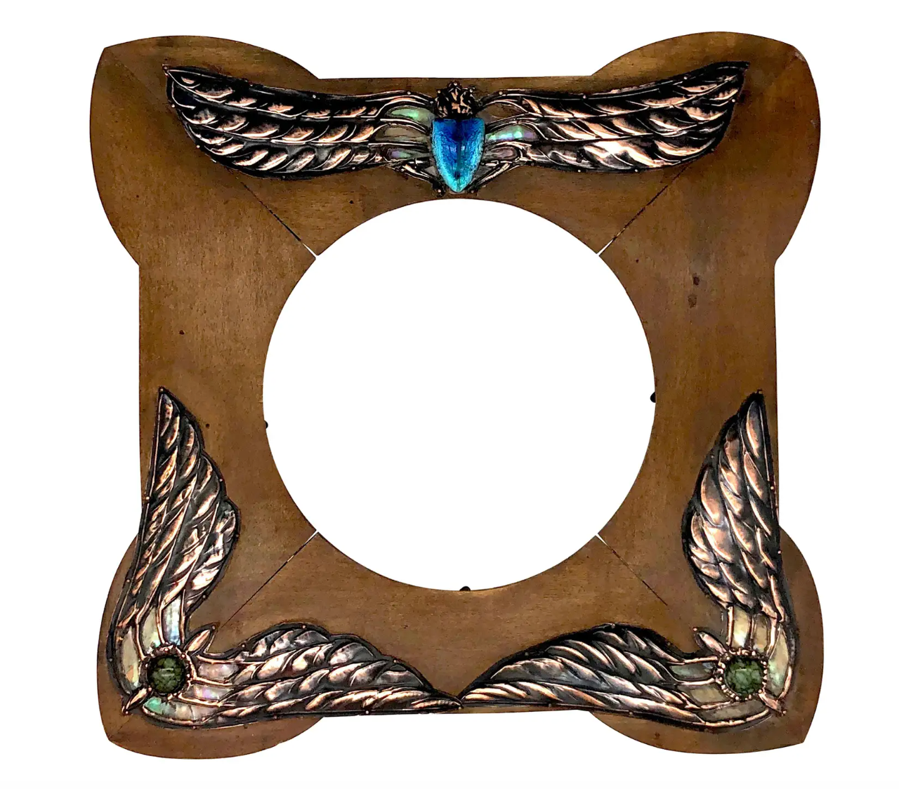 Antique Art Nouveau Scarab Wings Birds Frame Enamel Copper Wood Mother of Pearl