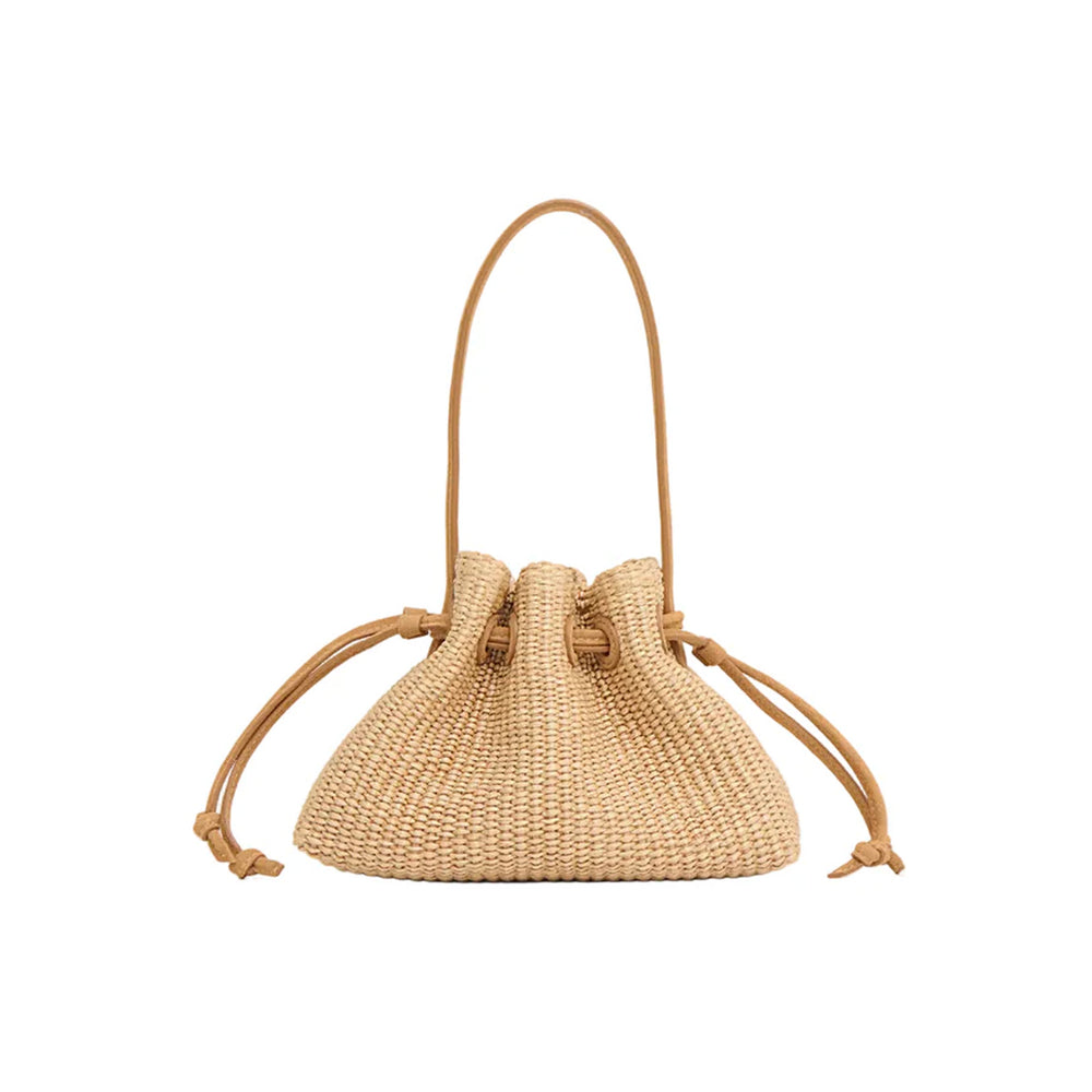 Drawstring Pouchette in Natural Raffia/Budino Suede