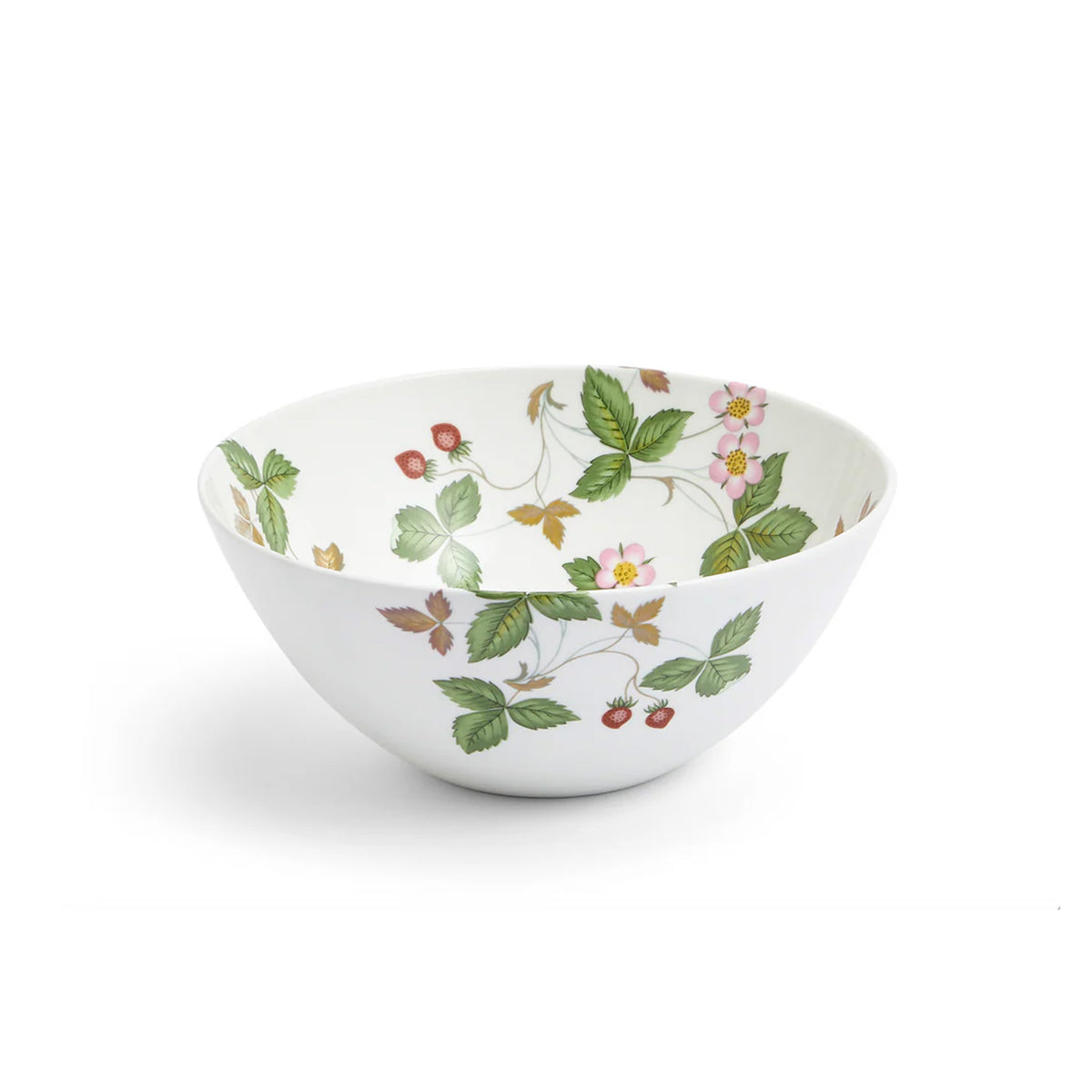 Front view of Wild Strawberry Bowl showcasing hand-painted leaves, pastel blooms, and strawberries on fine bone china