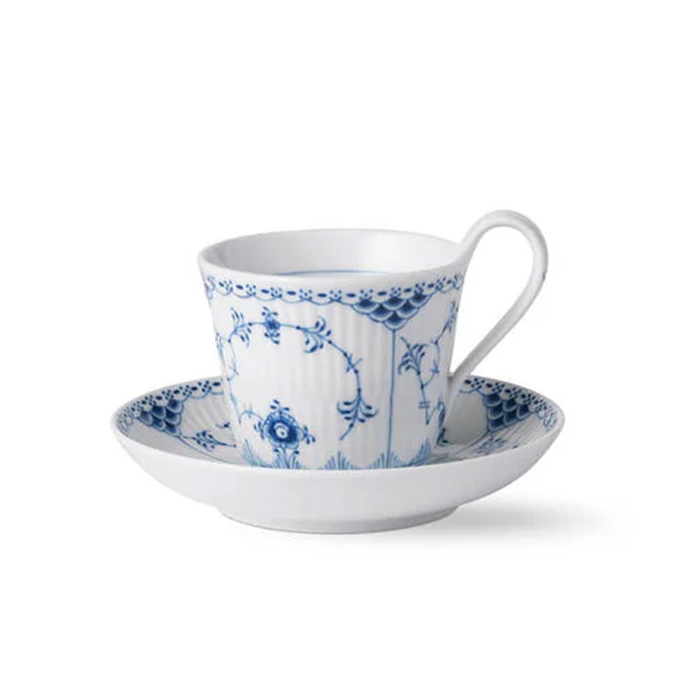 Blue Fluted Half Lace High Handle Cup and Saucer, 8.1 oz