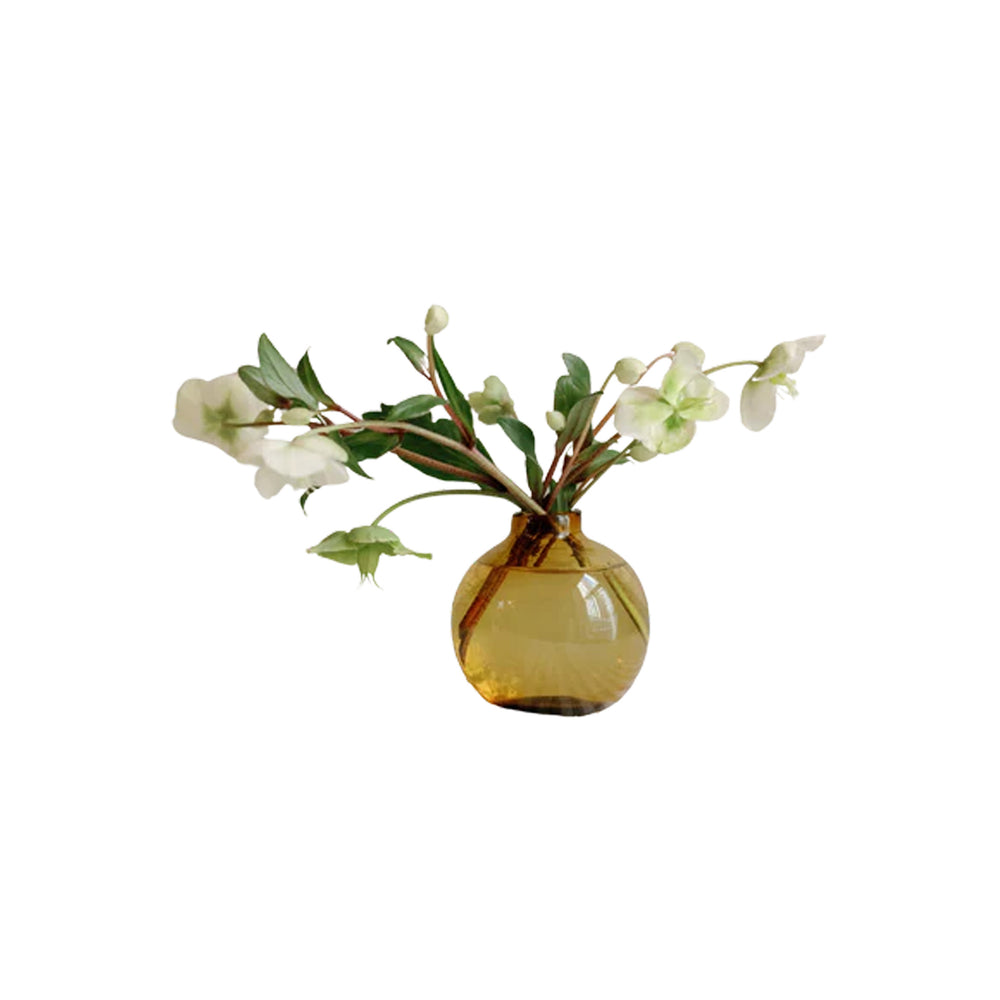 Front view of amber glass bud vase showing round bulbous shape with narrow neck and white flowers on white background