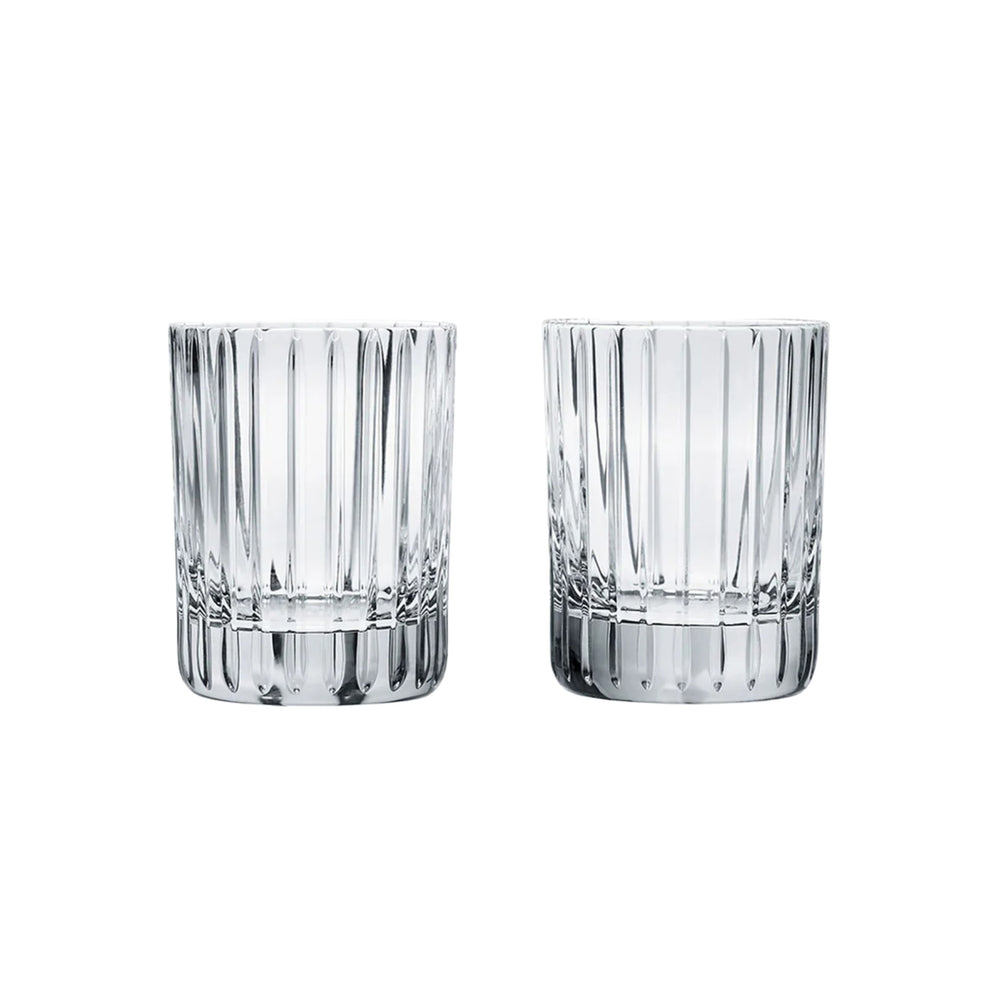 Front view of Harmonie Single Old Fashion Tumblers showcasing clear crystal with consecutive parallel cuts on a white background