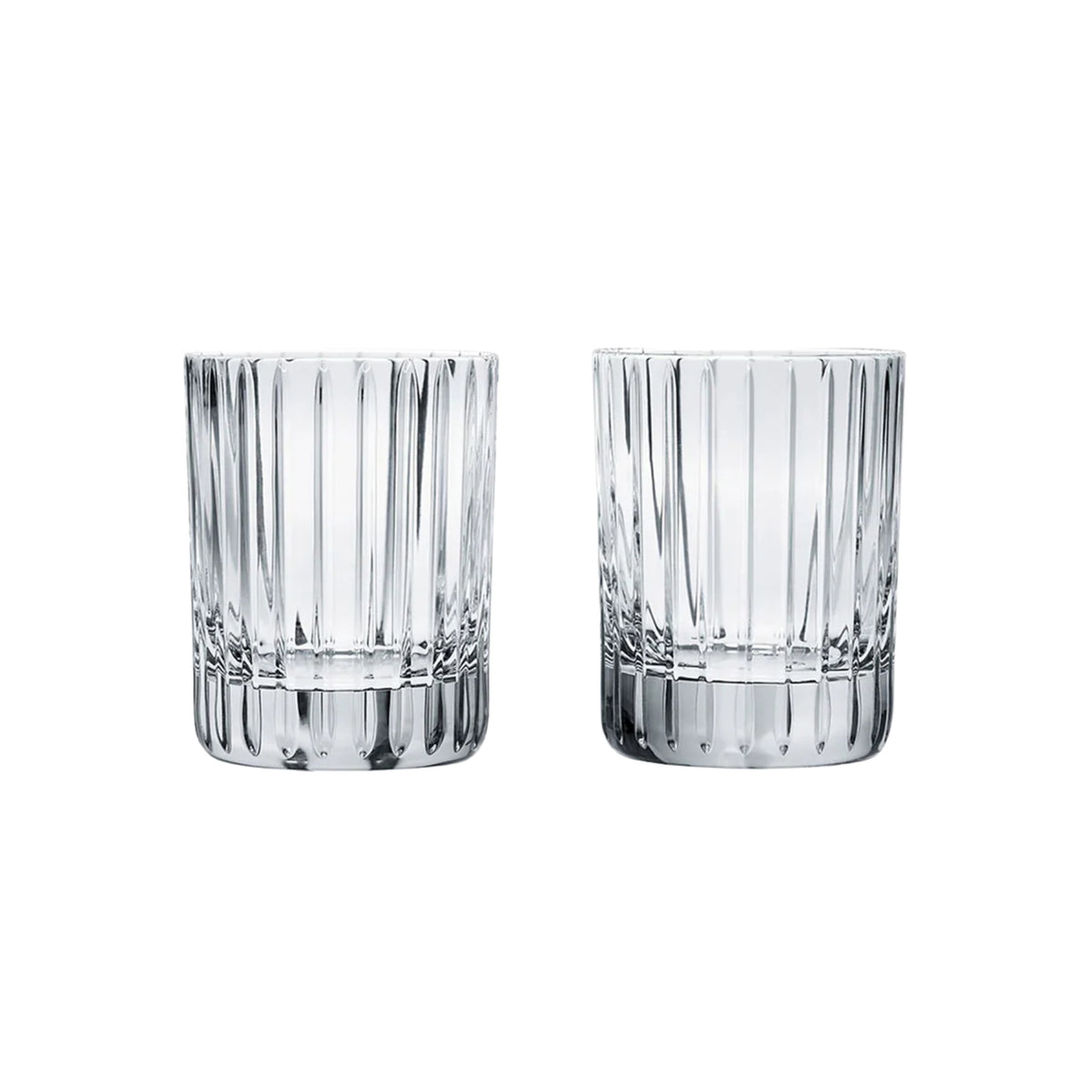 Front view of Harmonie Single Old Fashion Tumblers showcasing clear crystal with consecutive parallel cuts on a white background