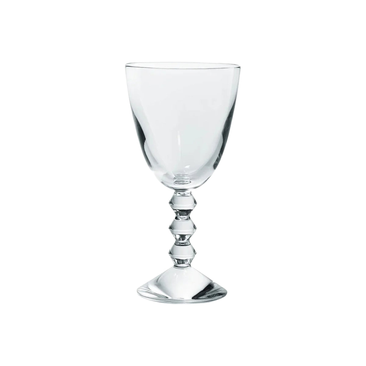 Front view of Vega Water Glass showcasing three stacked diamond-shaped crystal stem with white background