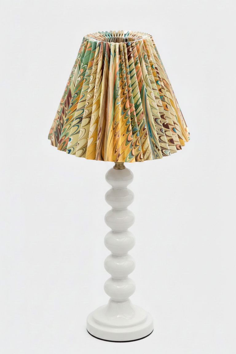 Hand-marbled pleated empire lampshade on white stacked base