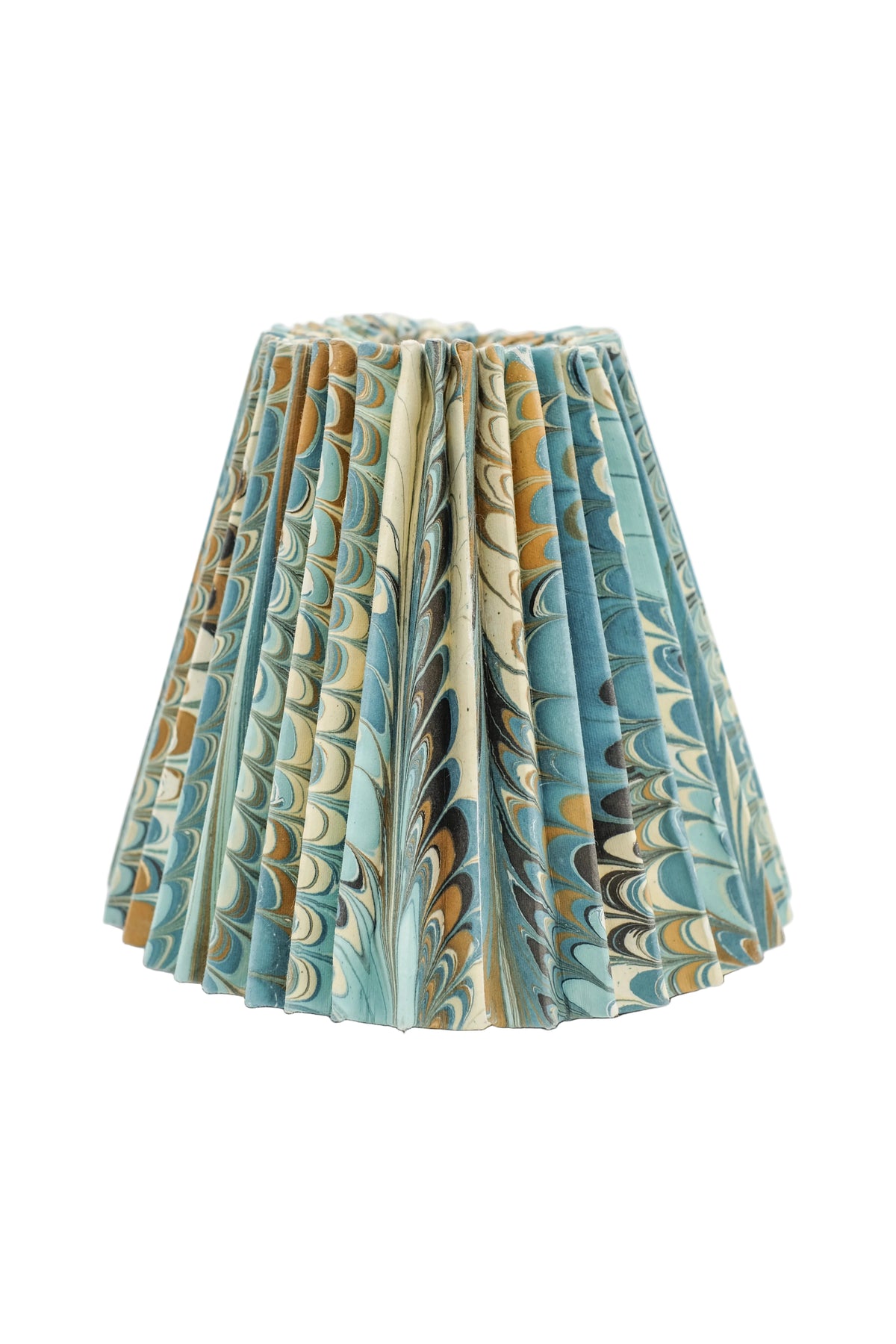 8-inch hand-marbled pleated empire lampshade displaying blue and gold marbling patterns