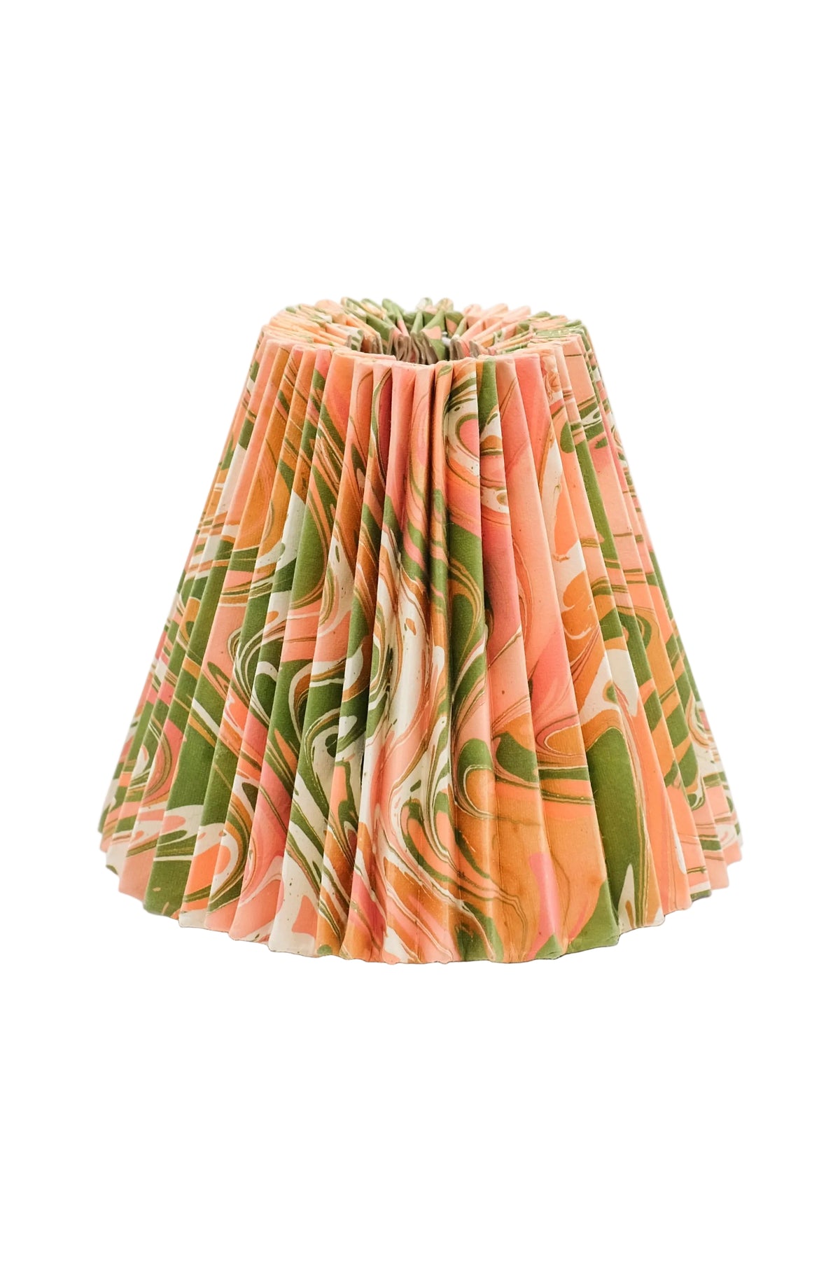 Hand-marbled pleated empire lampshade with peony bloom pattern in orange-green tones