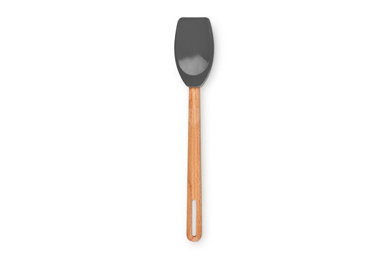 Top view of Signature Silicone Spatula Spoon showing oyster silicone head and beech wood handle with hanging slot