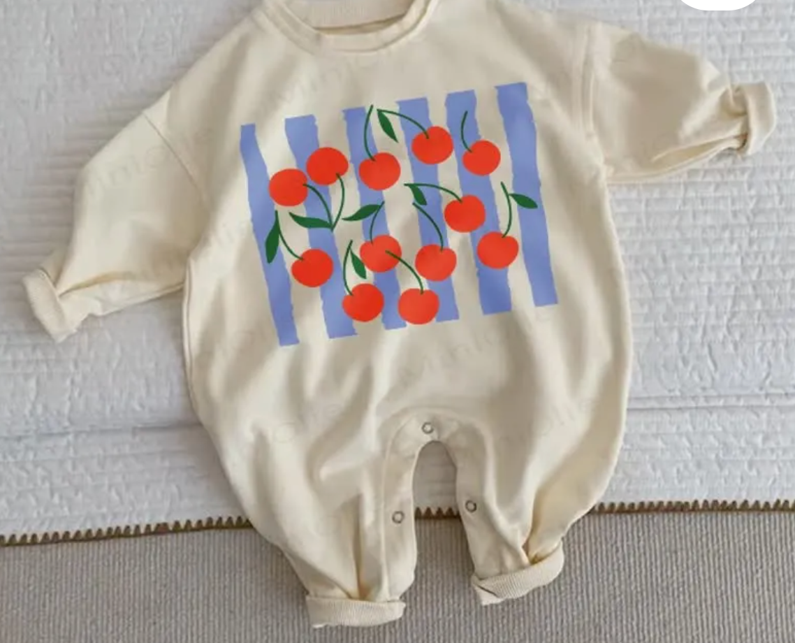 Baby Striped Cherry Beige Romper- 3-6 months