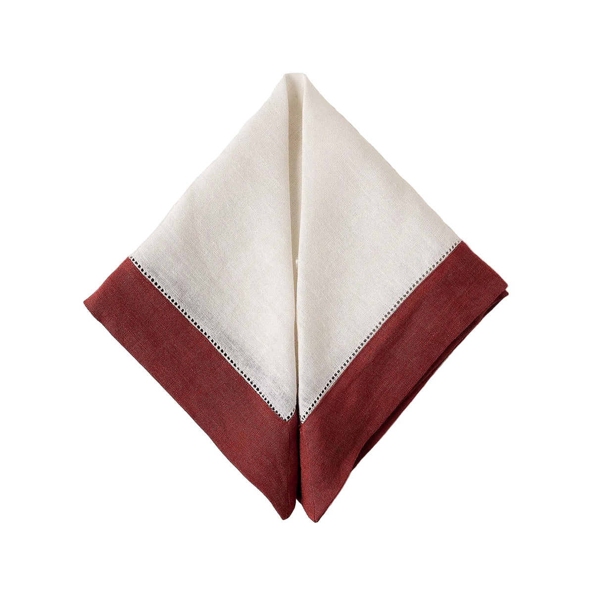 Front view of Lisière linen napkin folded into a triangle showing cream center, Carmin red border and hemstitch detail on white background