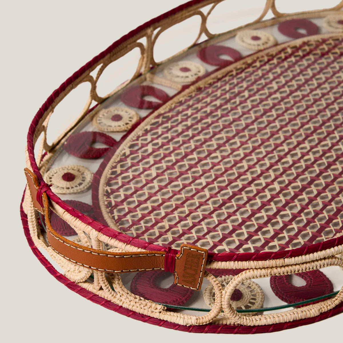 Iraca Palm Leather Tray Large in Cherry