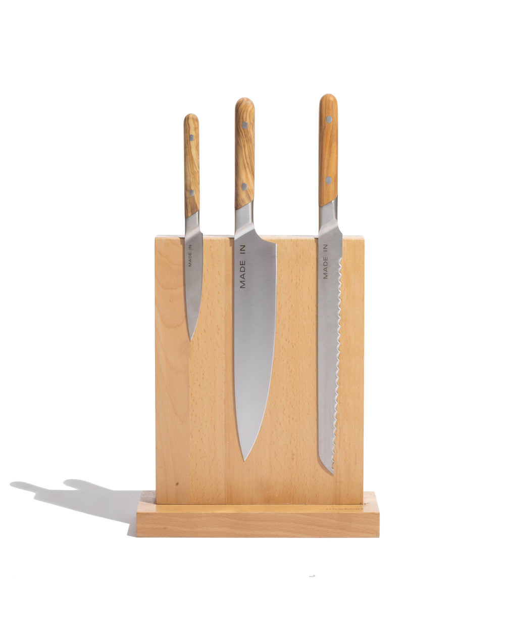 Knife Block and Knife Set in Olive Wood, Set of 3